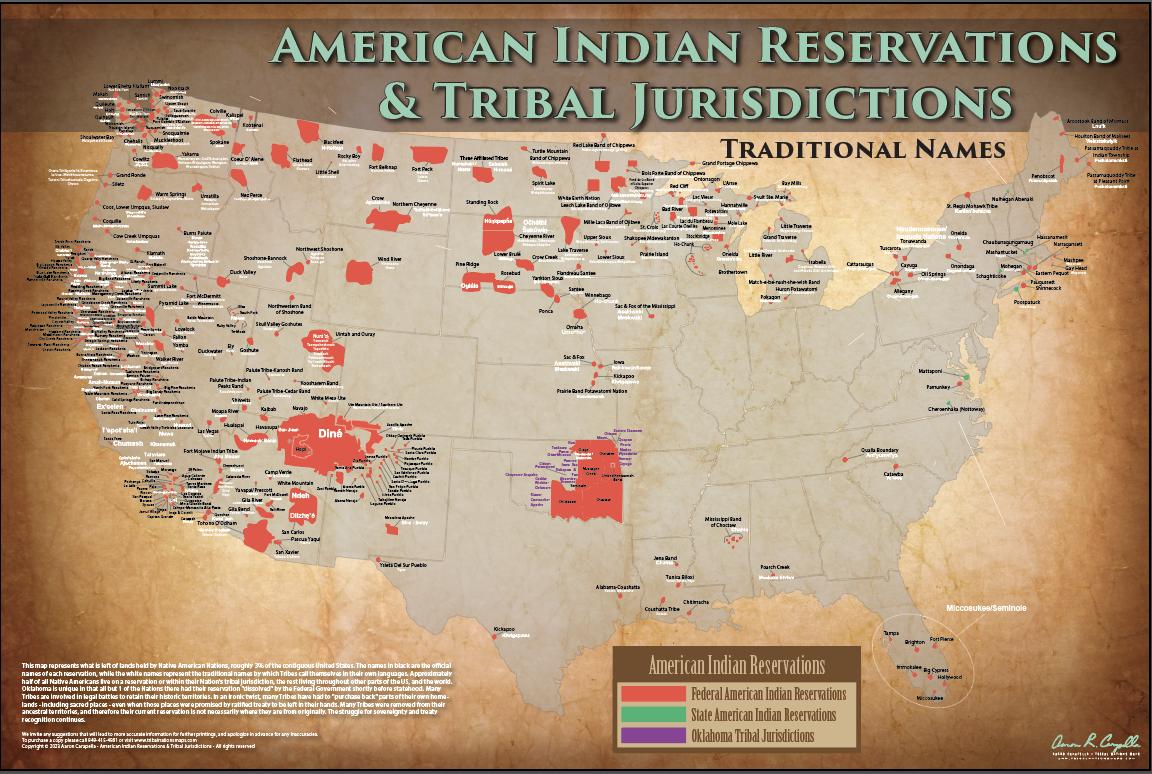 American Indian Reservations Map w/ Reservation Names 24"x36"